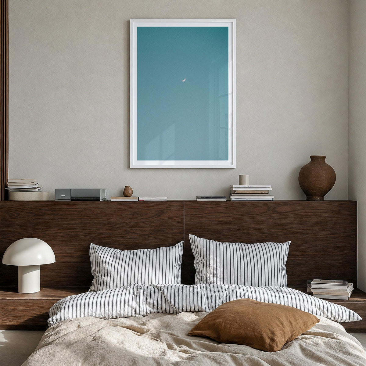 Crescent Moon no. 1 colorful photo poster – vertical wall art in white wood frame with white border, hanging on wall