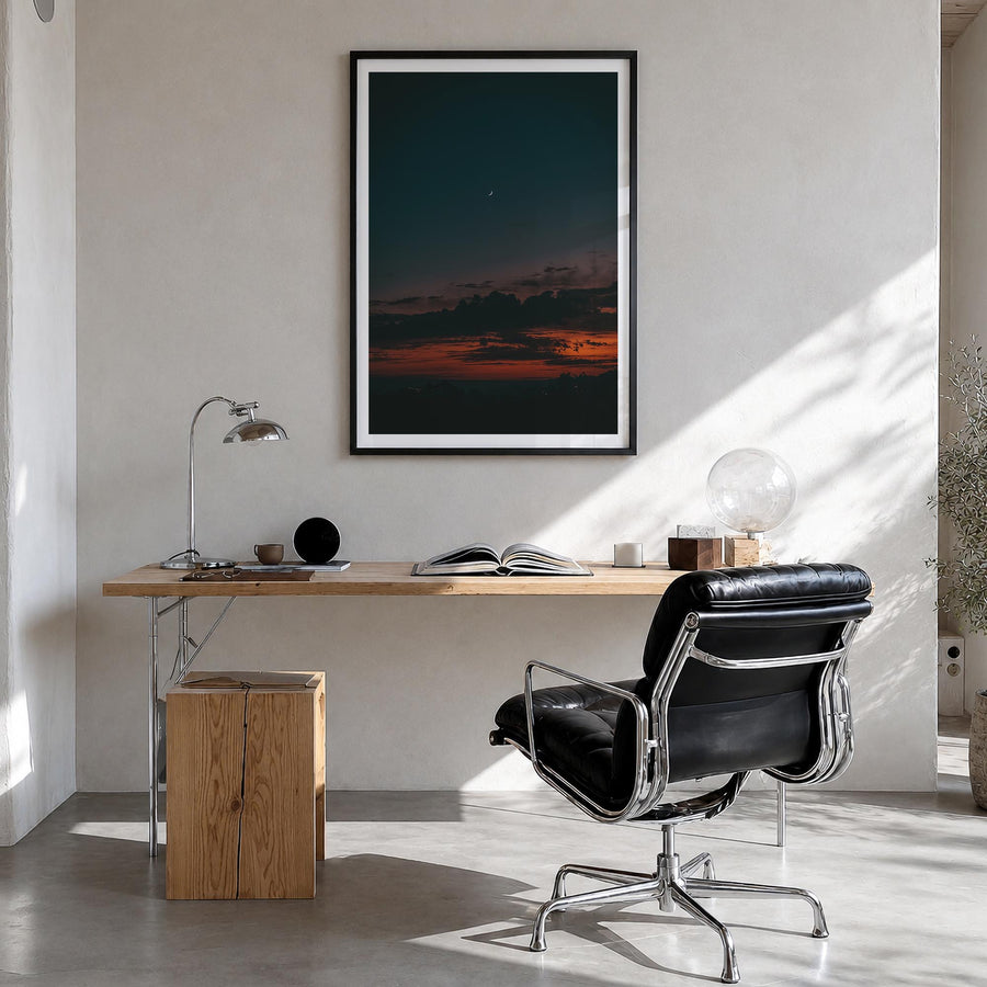 Crescent Moon no. 2 colorful photo poster – vertical wall art in black wood frame with white border, hanging on wall
