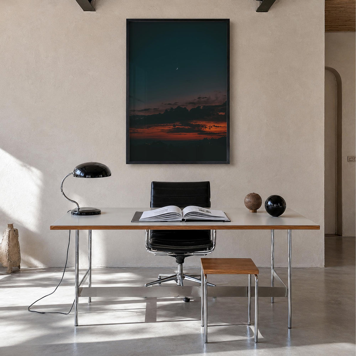 Crescent Moon no. 2 colorful photo poster – vertical wall art in black wood frame, hanging on wall