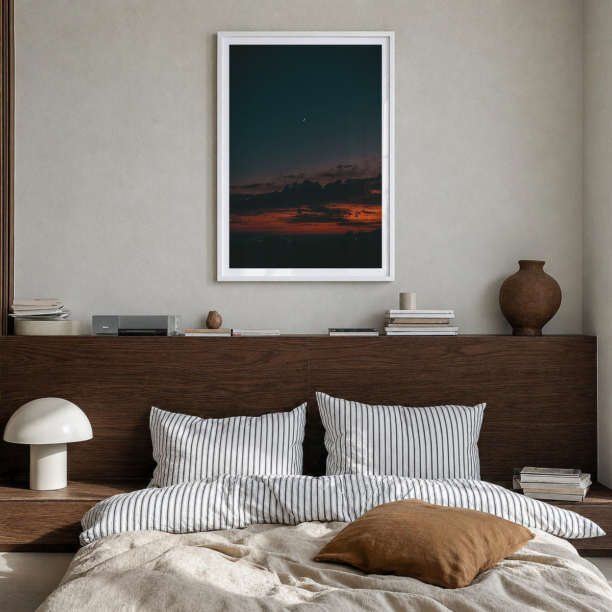 Crescent Moon no. 2 colorful photo poster – vertical wall art in white wood frame with white border, hanging on wall