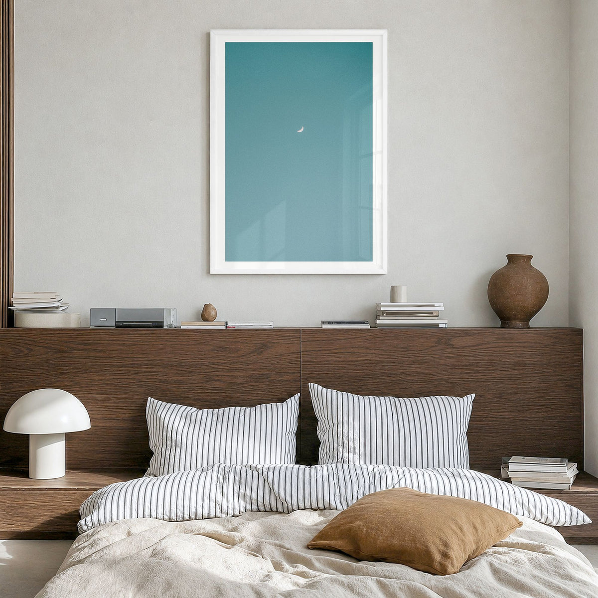 Crescent Moon Photo No 1 Poster in a white wood frame, hanging in a bedroom, white border