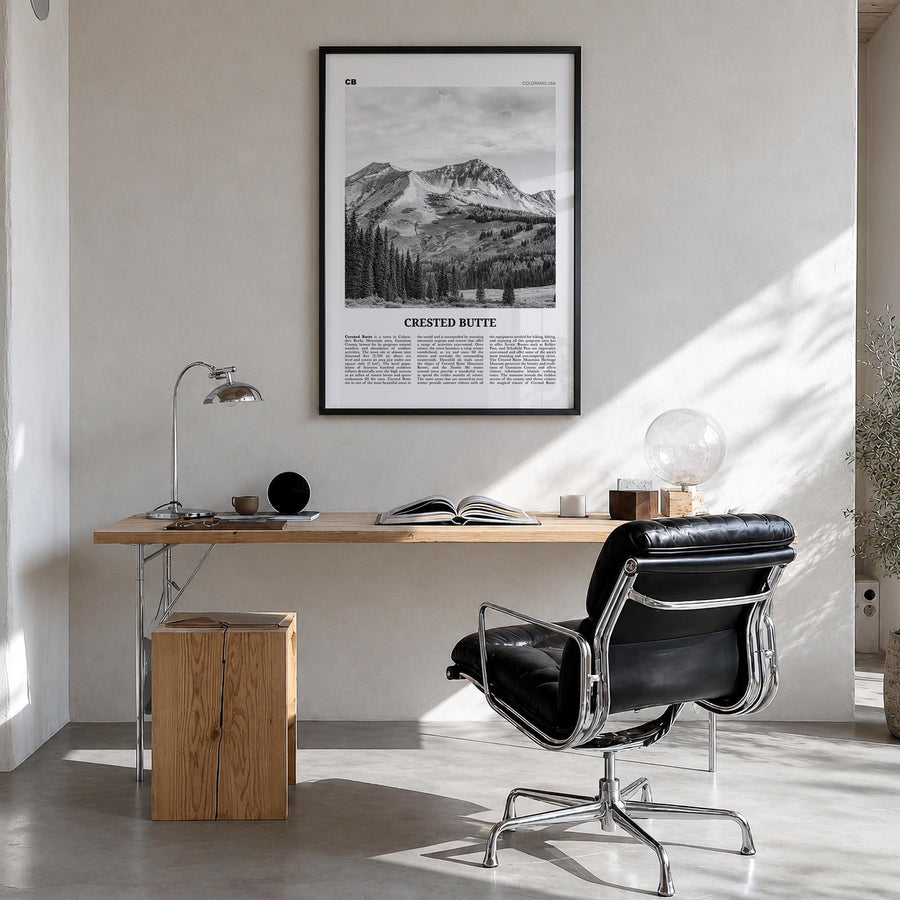 Crested Butte black & white newspaper poster of Colorado, USA – vertical wall art in black wood frame, hanging on wall