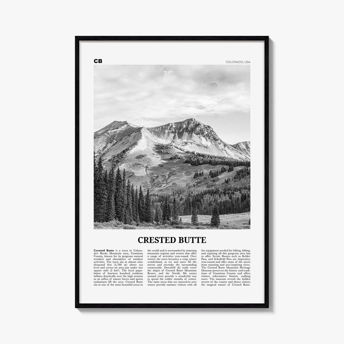 Crested Butte black & white newspaper poster of Colorado, USA – vertical wall art, unframed print shown in interior mockup