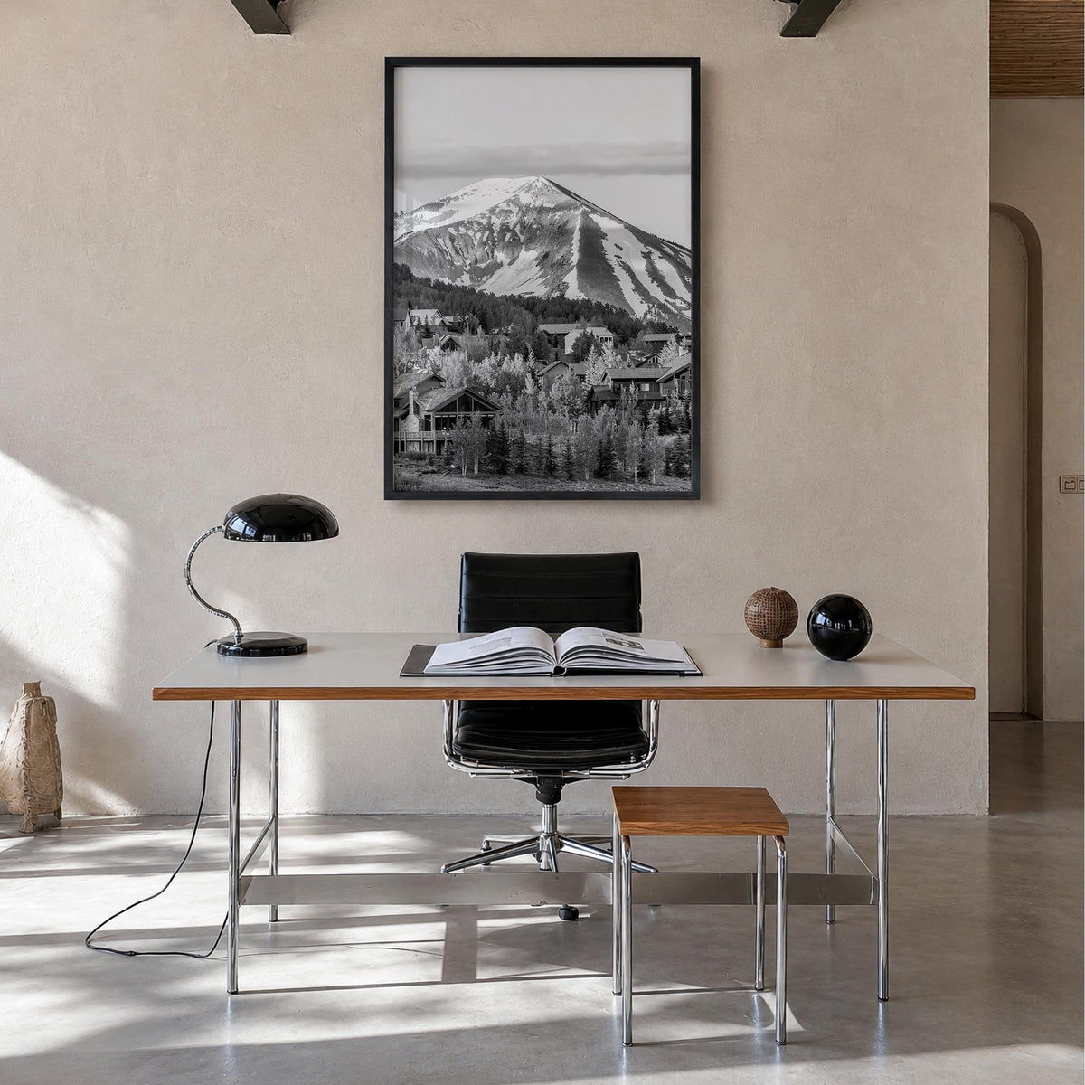 Crested Butte black & white photo poster of Colorado, USA – vertical wall art in black wood frame, hanging on wall
