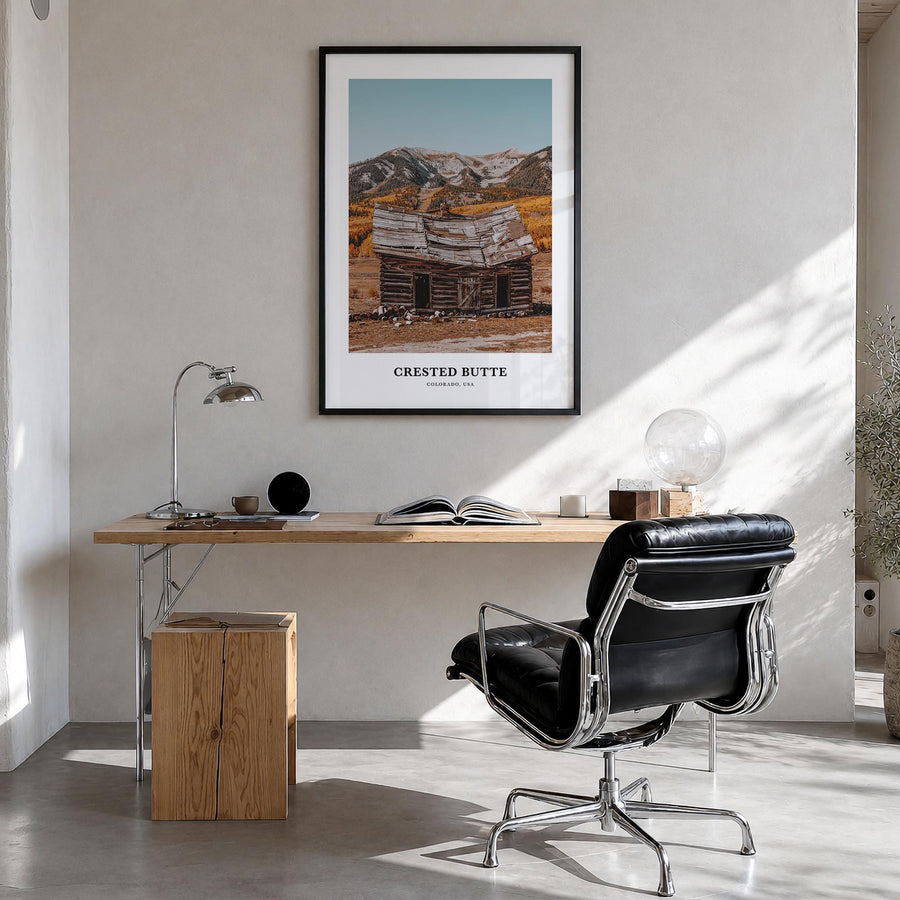Crested Butte colorful classic poster of Colorado, USA – vertical wall art in black wood frame, hanging on wall