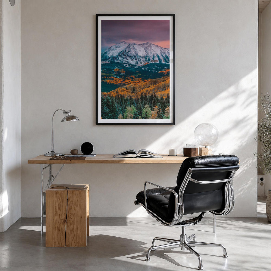 Crested Butte colorful photo poster of Colorado, USA – vertical wall art in black wood frame with white border, hanging on wa