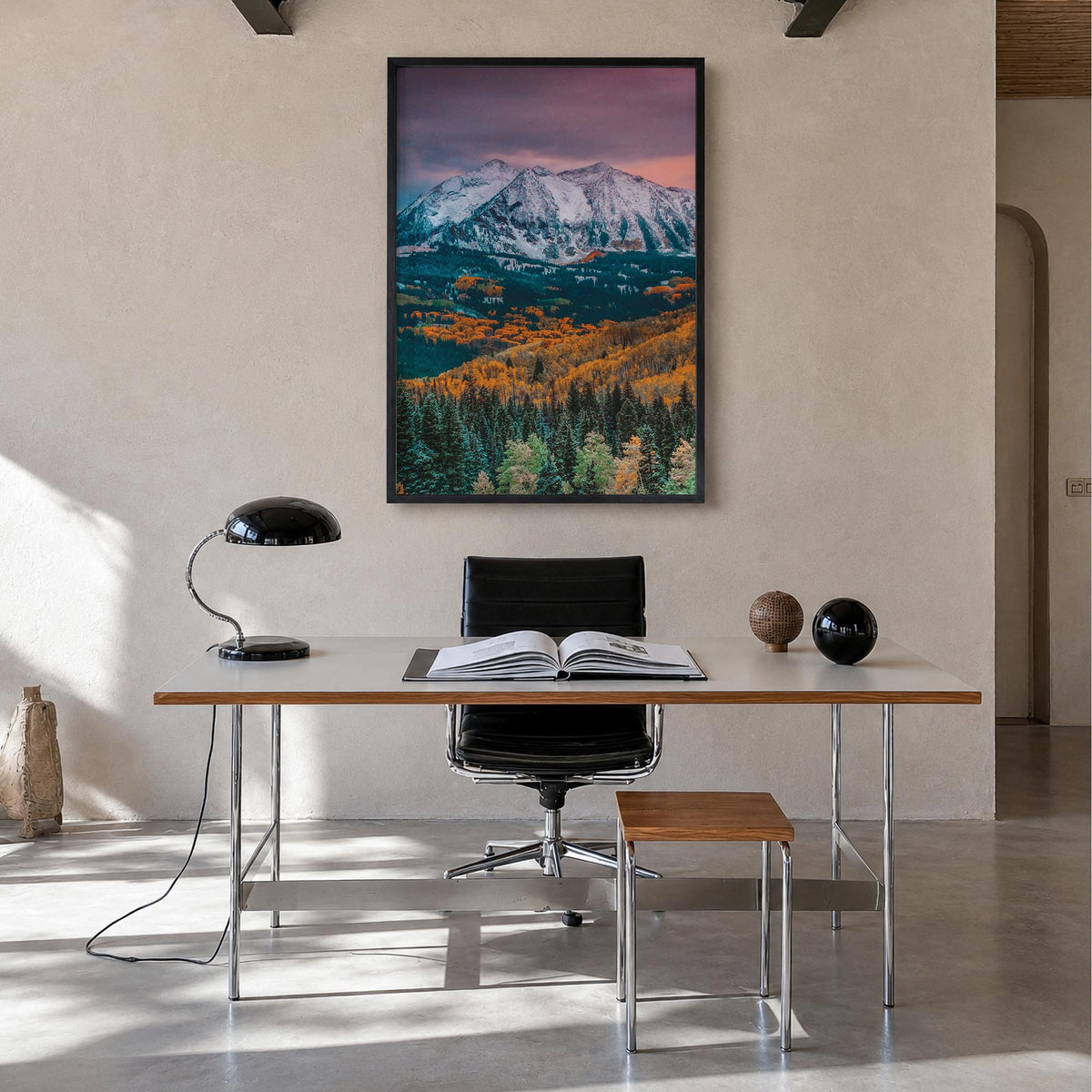 Crested Butte colorful photo poster of Colorado, USA – vertical wall art in black wood frame, hanging on wall