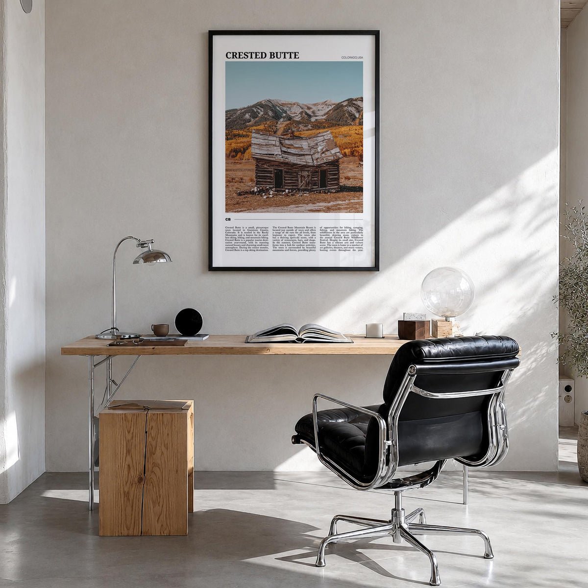 Crested Butte colorful travel poster of Colorado, USA – vertical wall art in black wood frame, hanging on wall