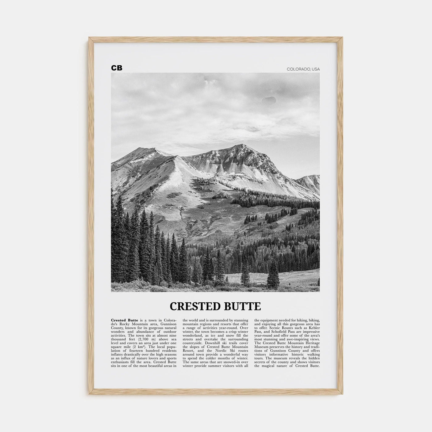 Crested Butte Poster Natural Wood / 8x12 in Nbourhood Travel B&W Poster