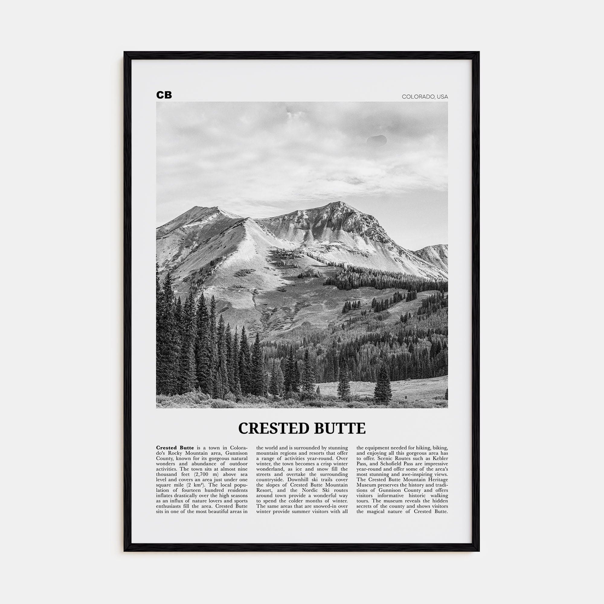 Crested Butte Poster Black Wood / 8x12 in Nbourhood Travel B&W Poster