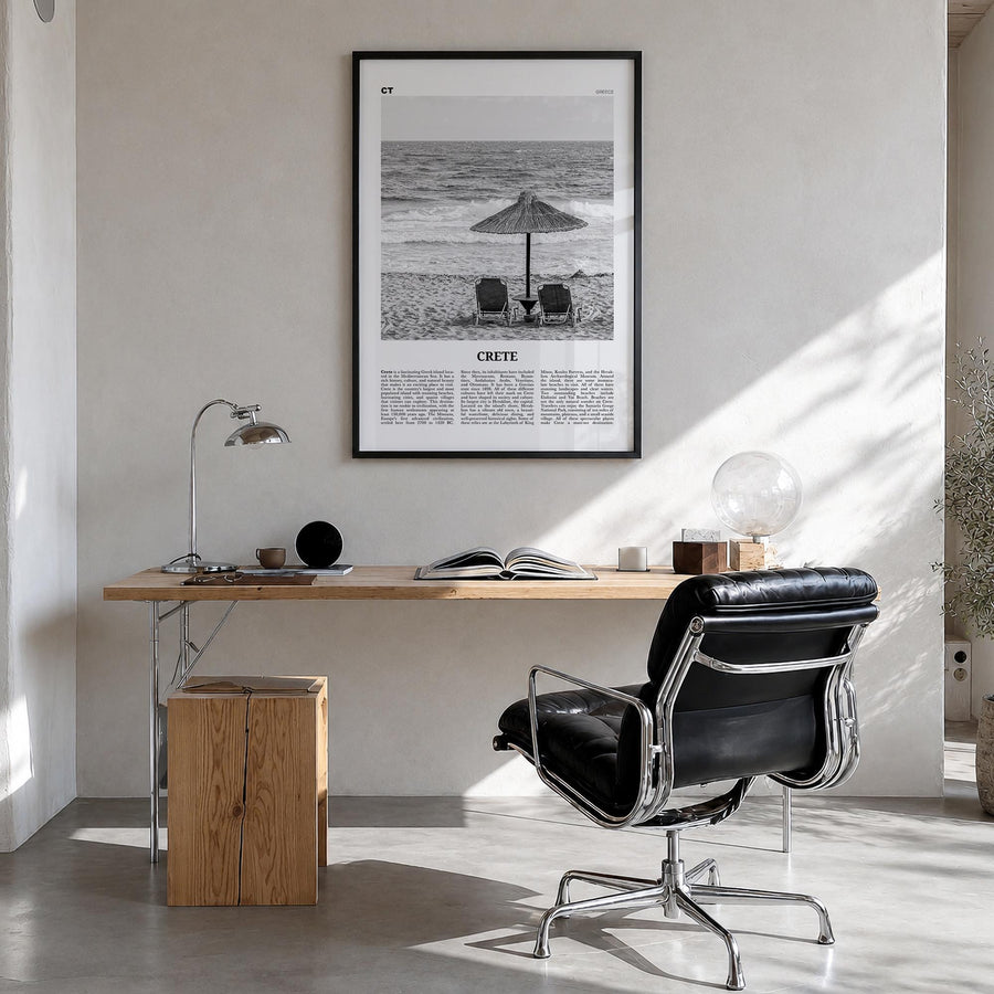 Crete black & white newspaper poster of Greece – vertical wall art in black wood frame, hanging on wall