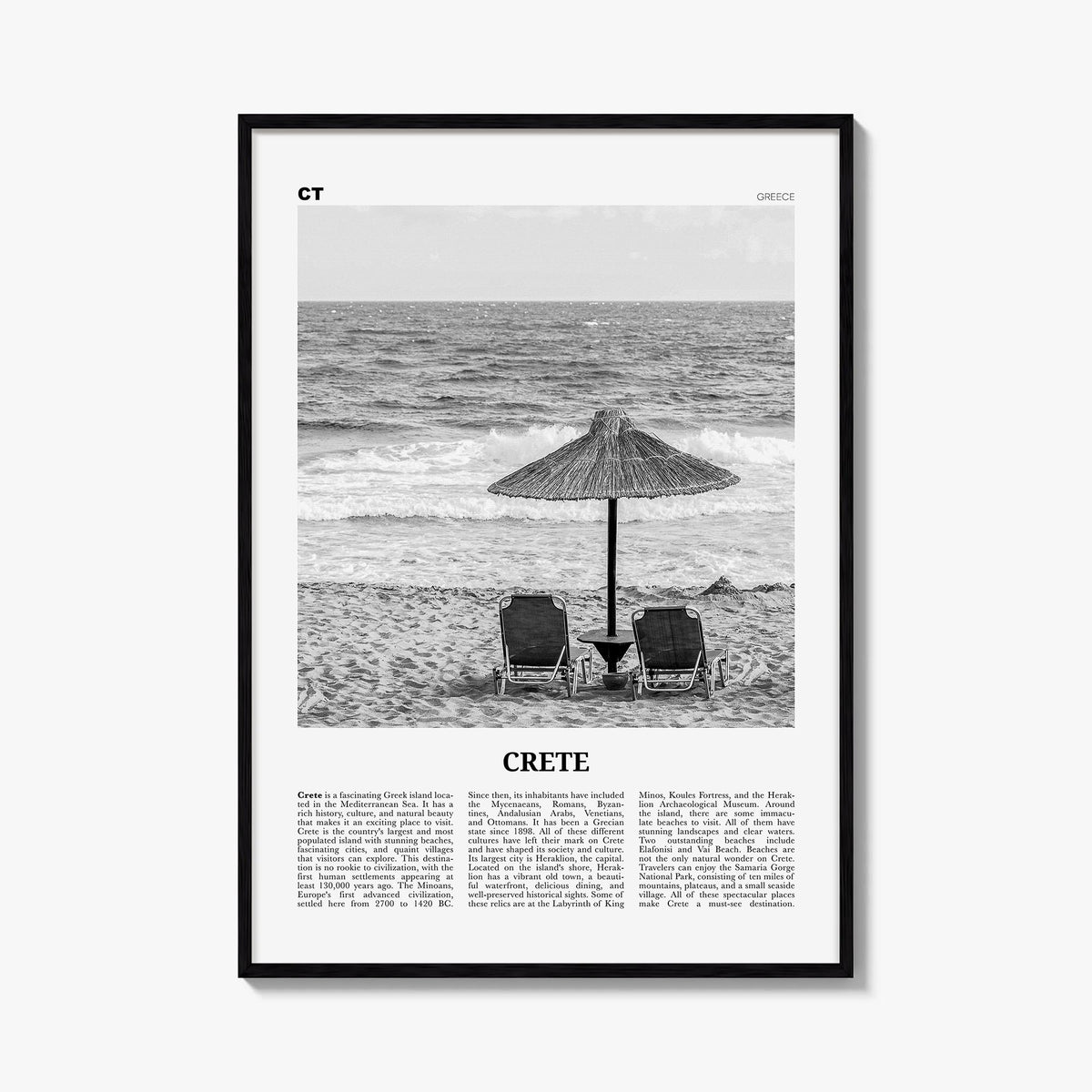 Crete black & white newspaper poster of Greece – vertical wall art, unframed print shown in interior mockup