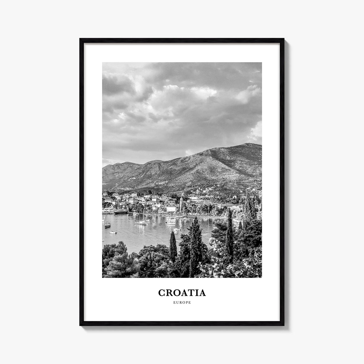 Croatia black & white classic poster of Europe – vertical wall art, unframed print shown in interior mockup