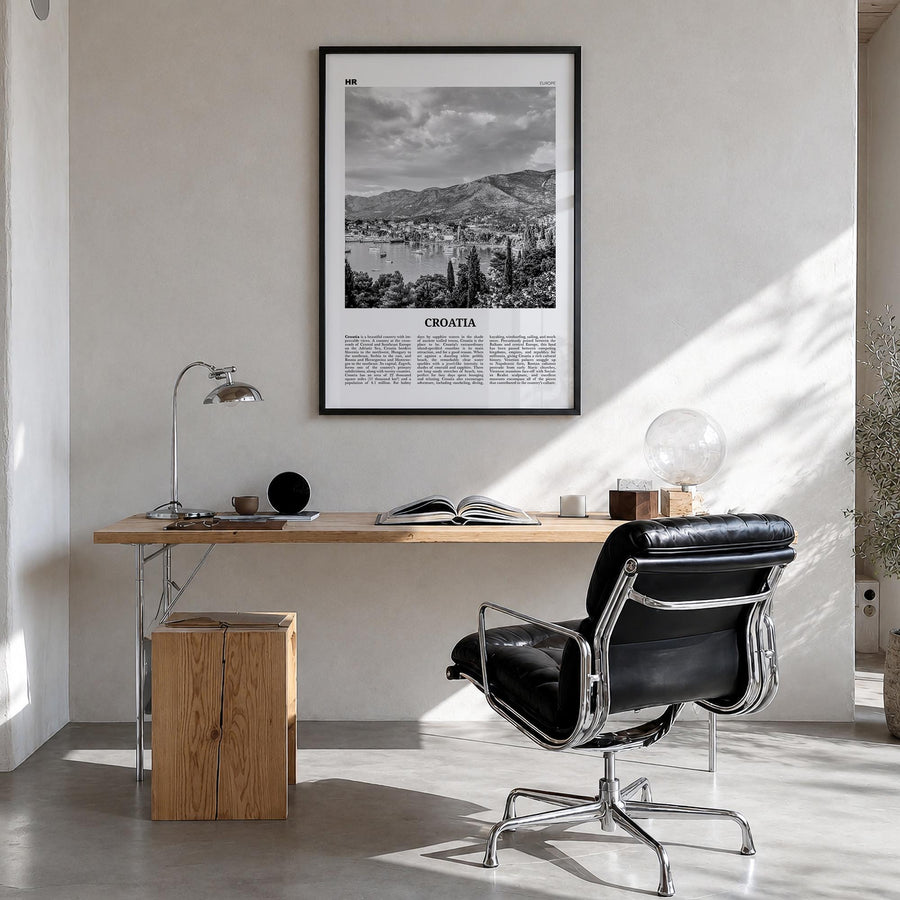 Croatia black & white newspaper poster of Europe – vertical wall art in black wood frame, hanging on wall