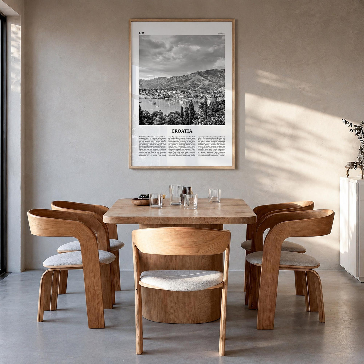 Croatia black & white newspaper poster of Europe – vertical wall art in natural wood frame, hanging on wall