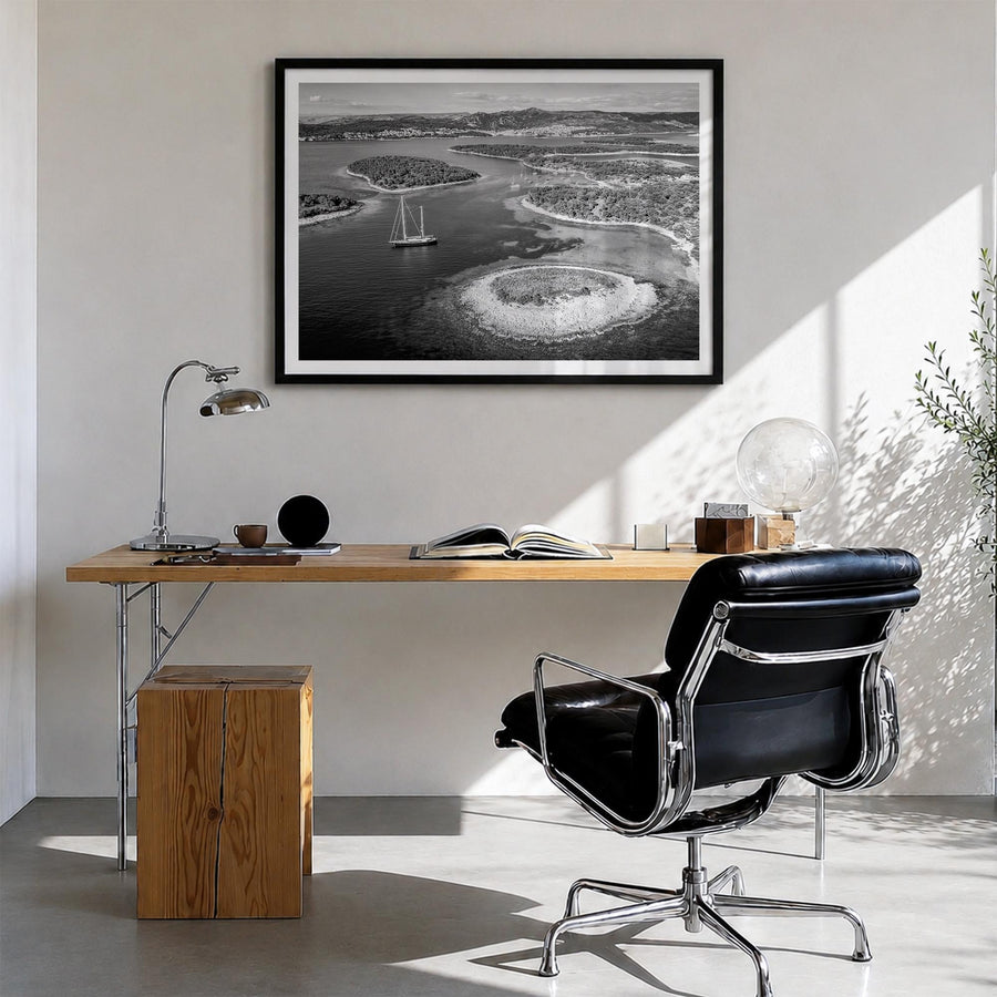 Croatia black & white photo poster of Europe – horizontal wall art in black wood frame with white border, hanging on wall