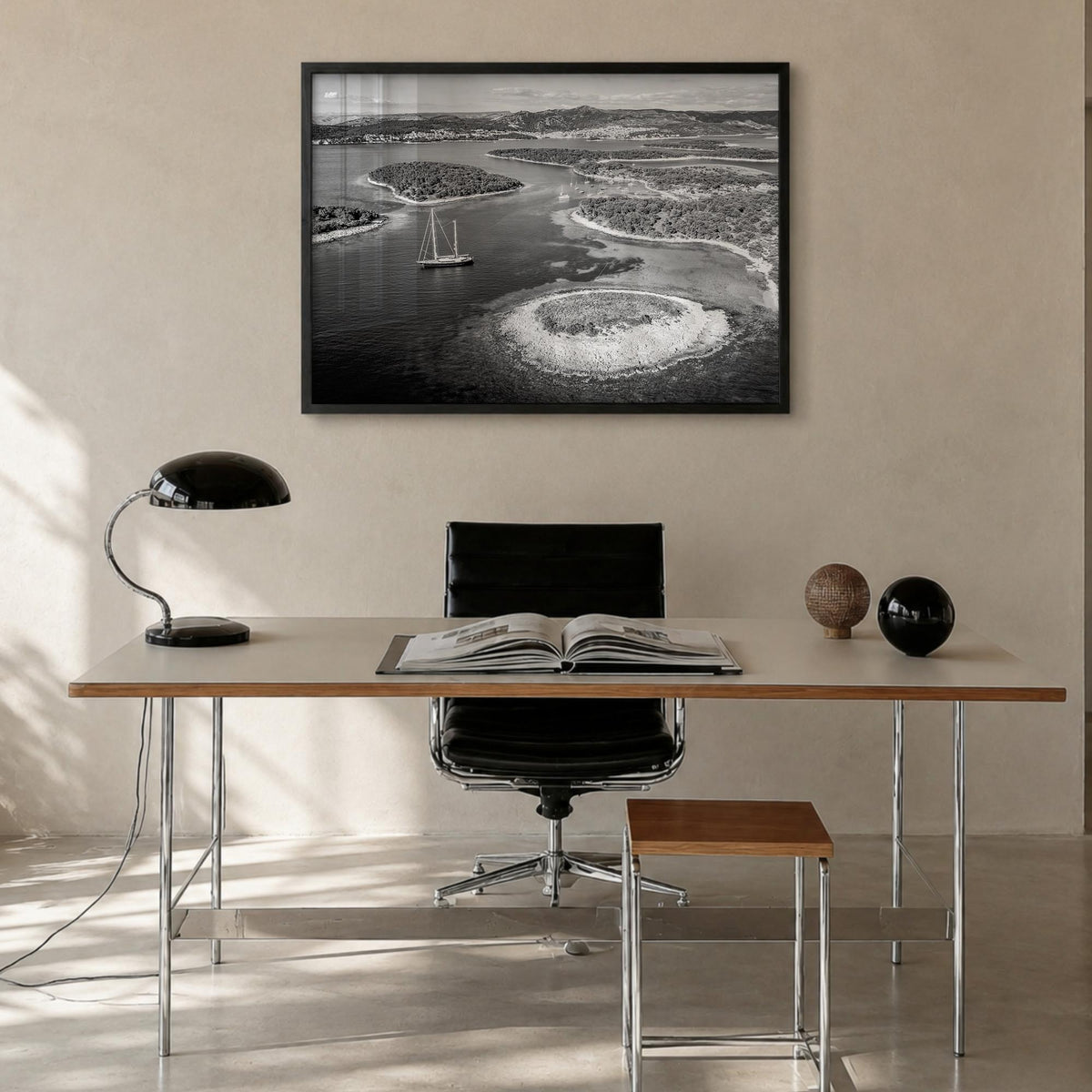 Croatia black & white photo poster of Europe – horizontal wall art in black wood frame, hanging on wall