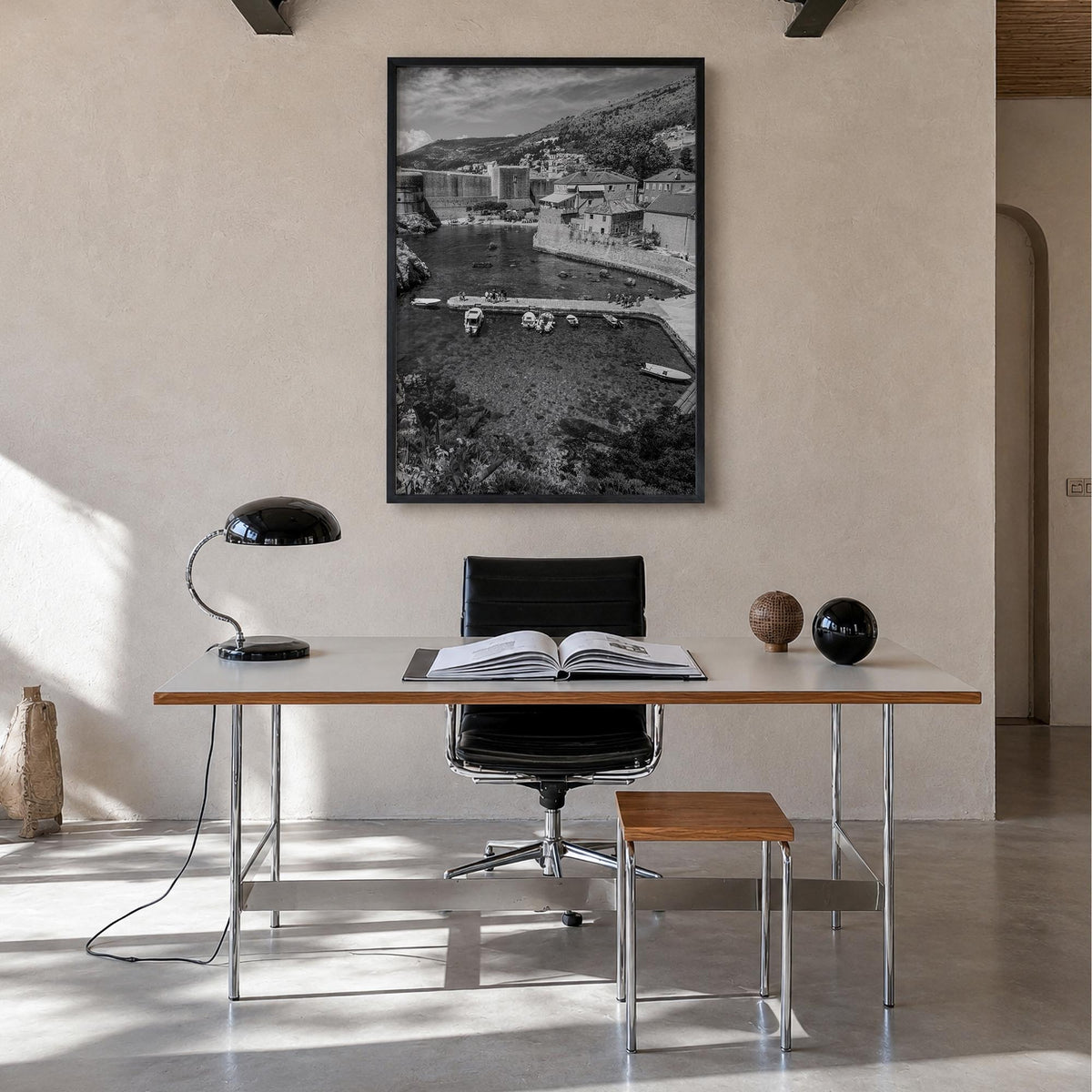 Croatia black & white photo poster of Europe – vertical wall art in black wood frame, hanging on wall