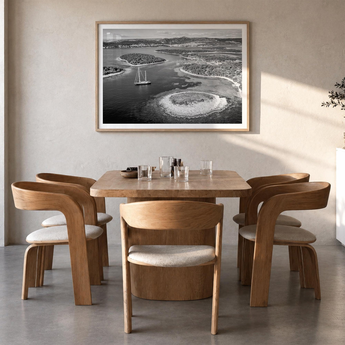 Croatia black & white photo poster of Europe – horizontal wall art in natural wood frame with white border, hanging on wall