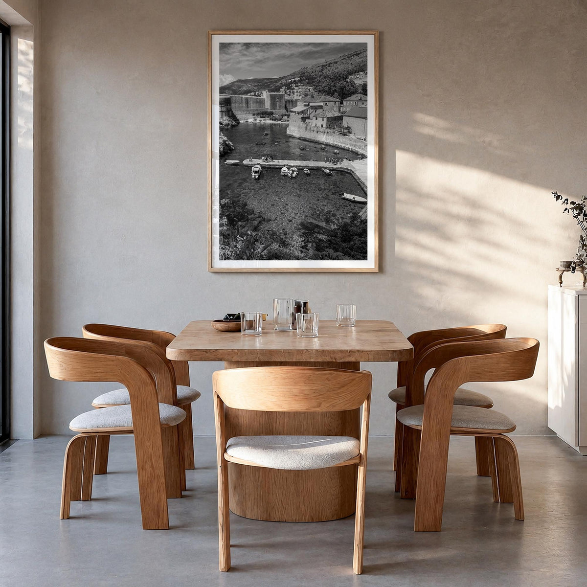 Croatia black & white photo poster of Europe – vertical wall art in natural wood frame with white border, hanging on wall