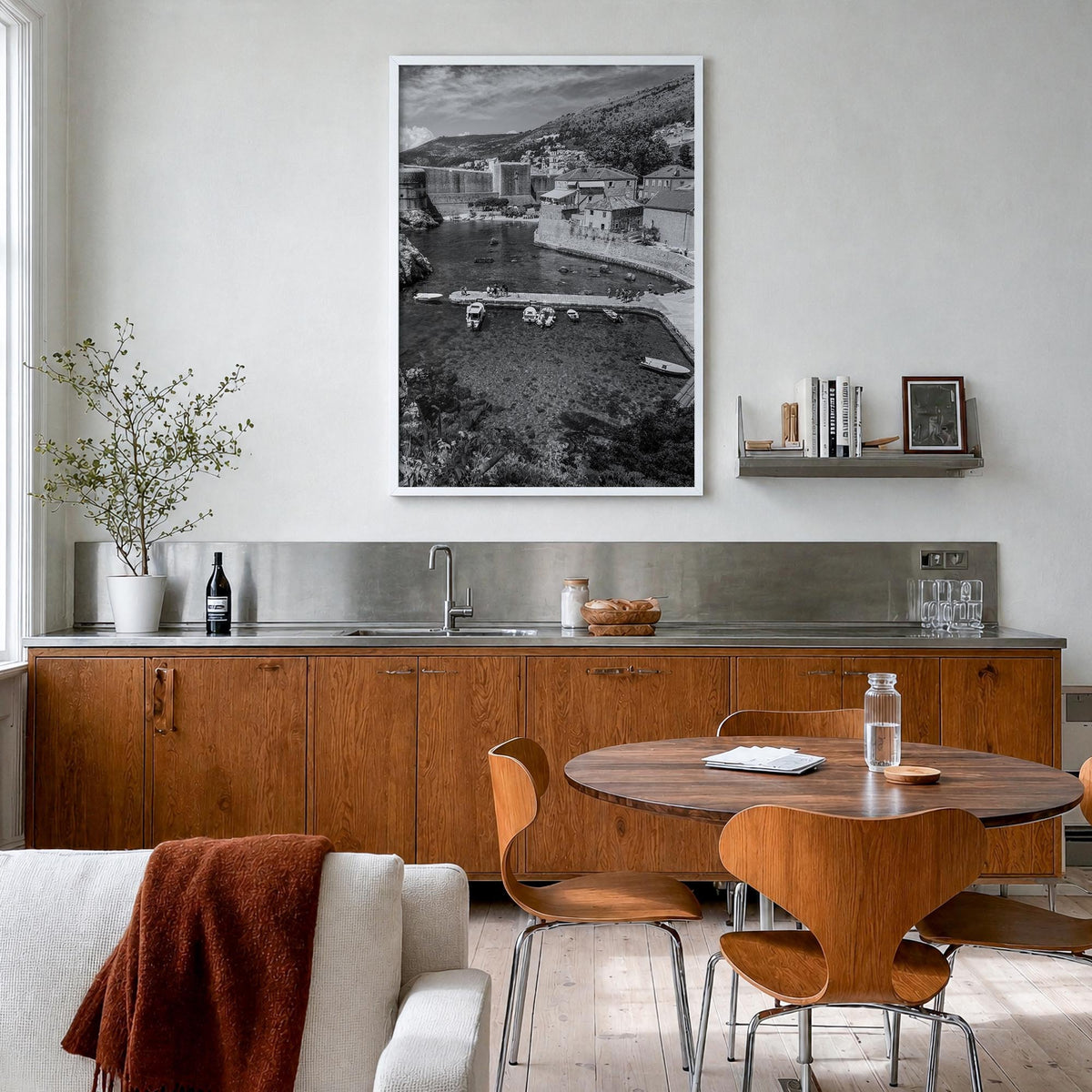 Croatia black & white photo poster of Europe – vertical wall art in white wood frame, hanging on wall