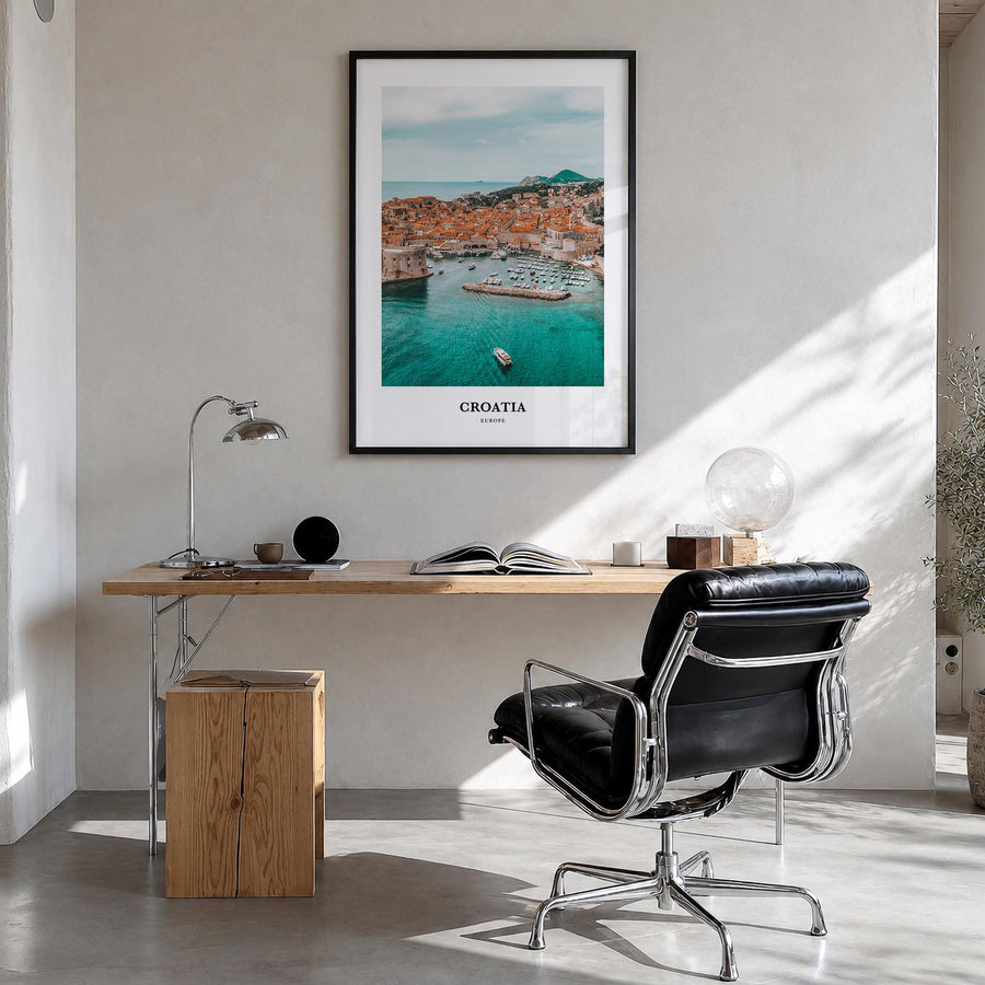 Croatia colorful classic poster of Europe – vertical wall art in black wood frame, hanging on wall