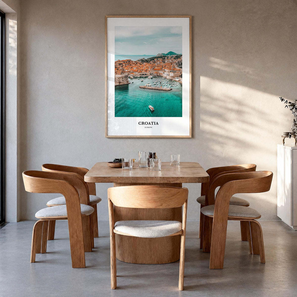 Croatia colorful classic poster of Europe – vertical wall art in natural wood frame, hanging on wall