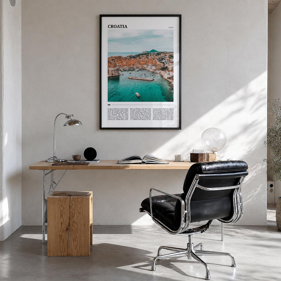Croatia colorful travel poster of Europe – vertical wall art in black wood frame, hanging on wall