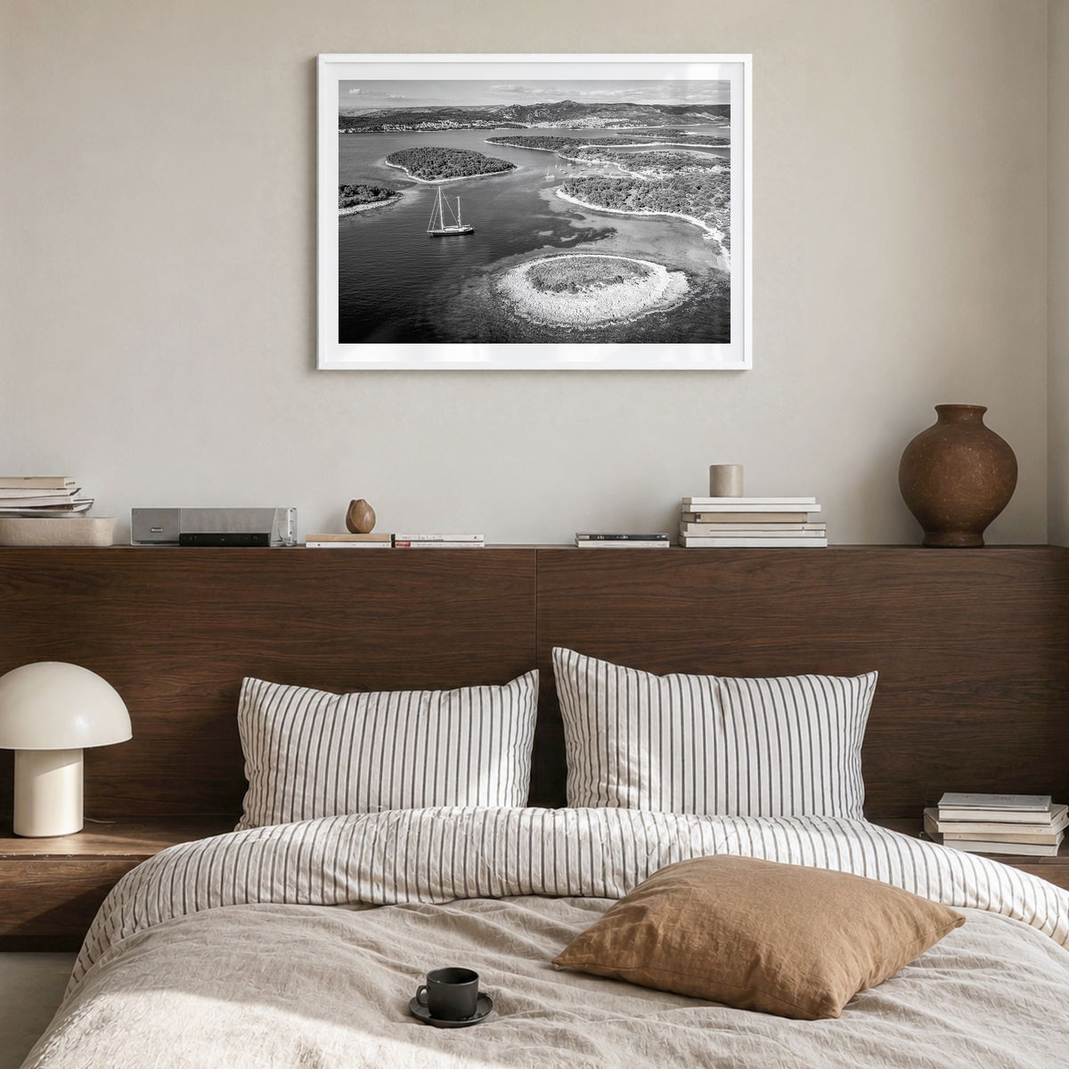 Croatia Photo Poster in a white wood frame, hanging in a bedroom, white border