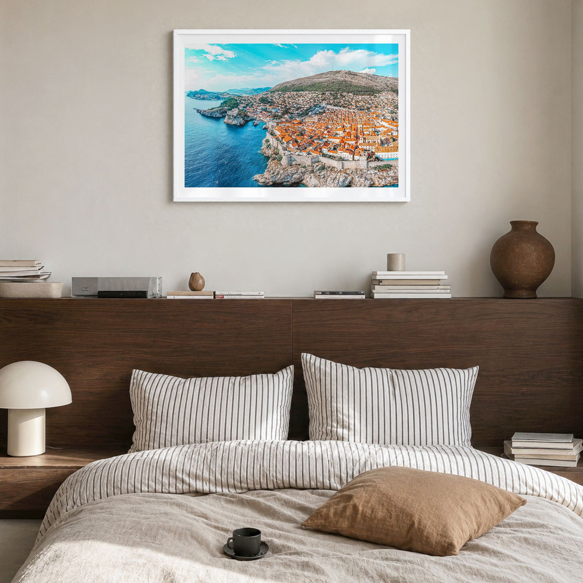 Croatia Photo Poster in a white wood frame, hanging in a bedroom, white border