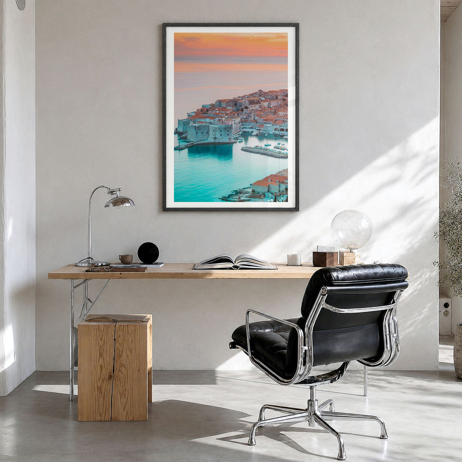 Croatia Photo No 3 Poster in a black wood frame, hanging in a bright home office, white border