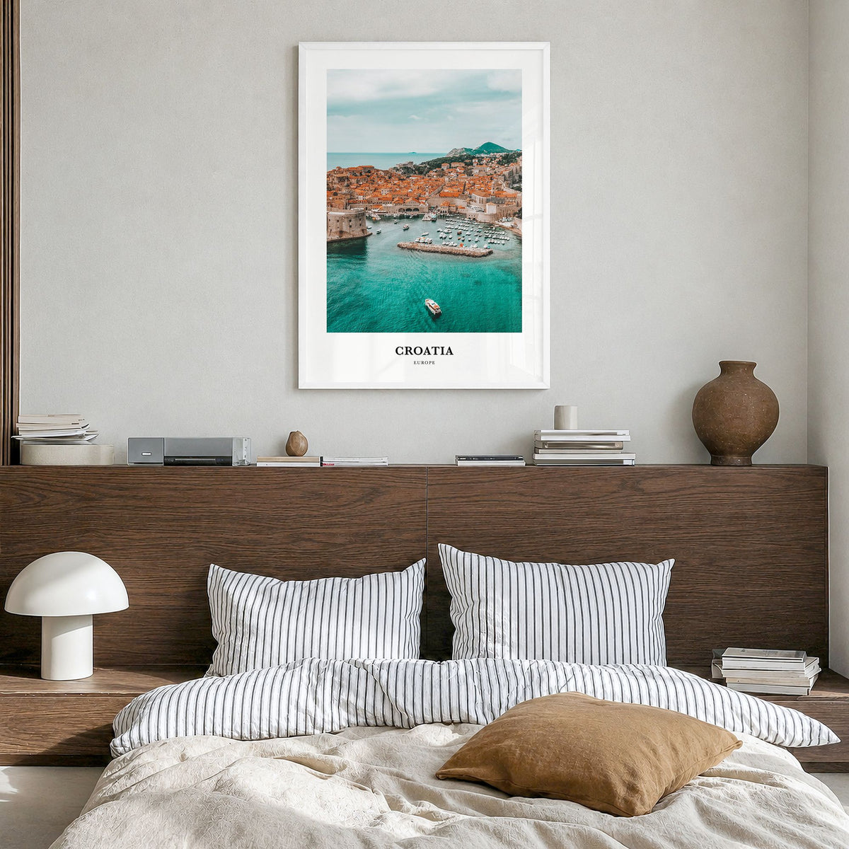 Croatia Classic Poster in a white wood frame, hanging in a bedroom