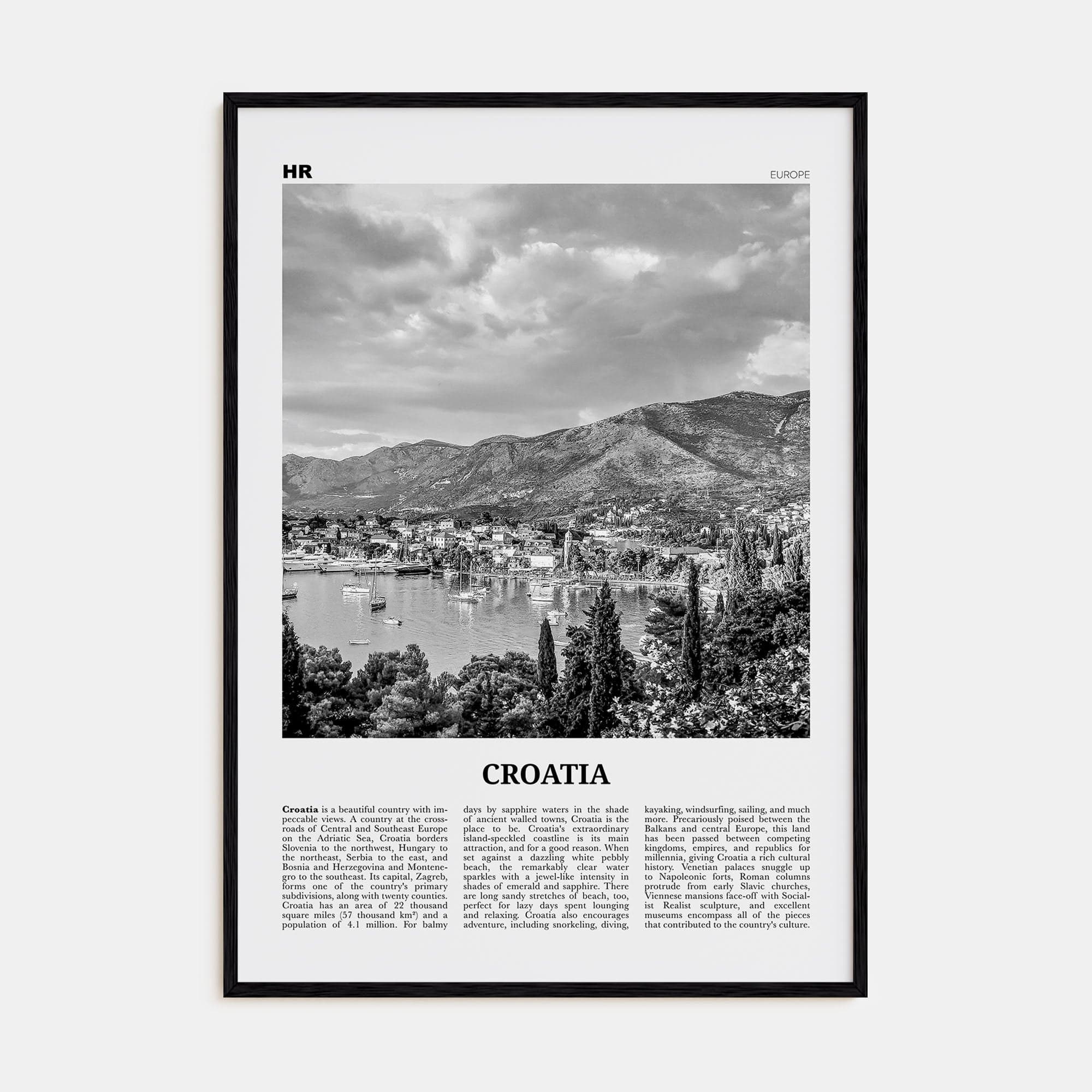 Croatia Poster Black Wood / 8x12 in Nbourhood Travel B&W Poster