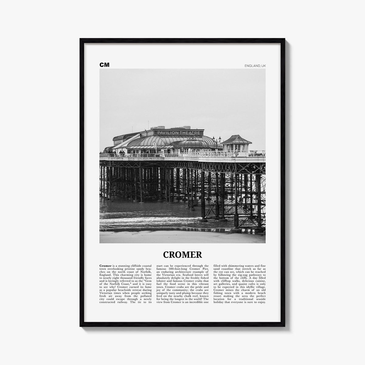 Cromer black & white newspaper poster of United Kingdom – vertical wall art, unframed print shown in interior mockup