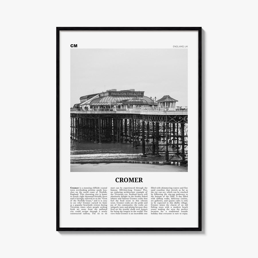 Cromer black & white newspaper poster of United Kingdom – vertical wall art, unframed print shown in interior mockup