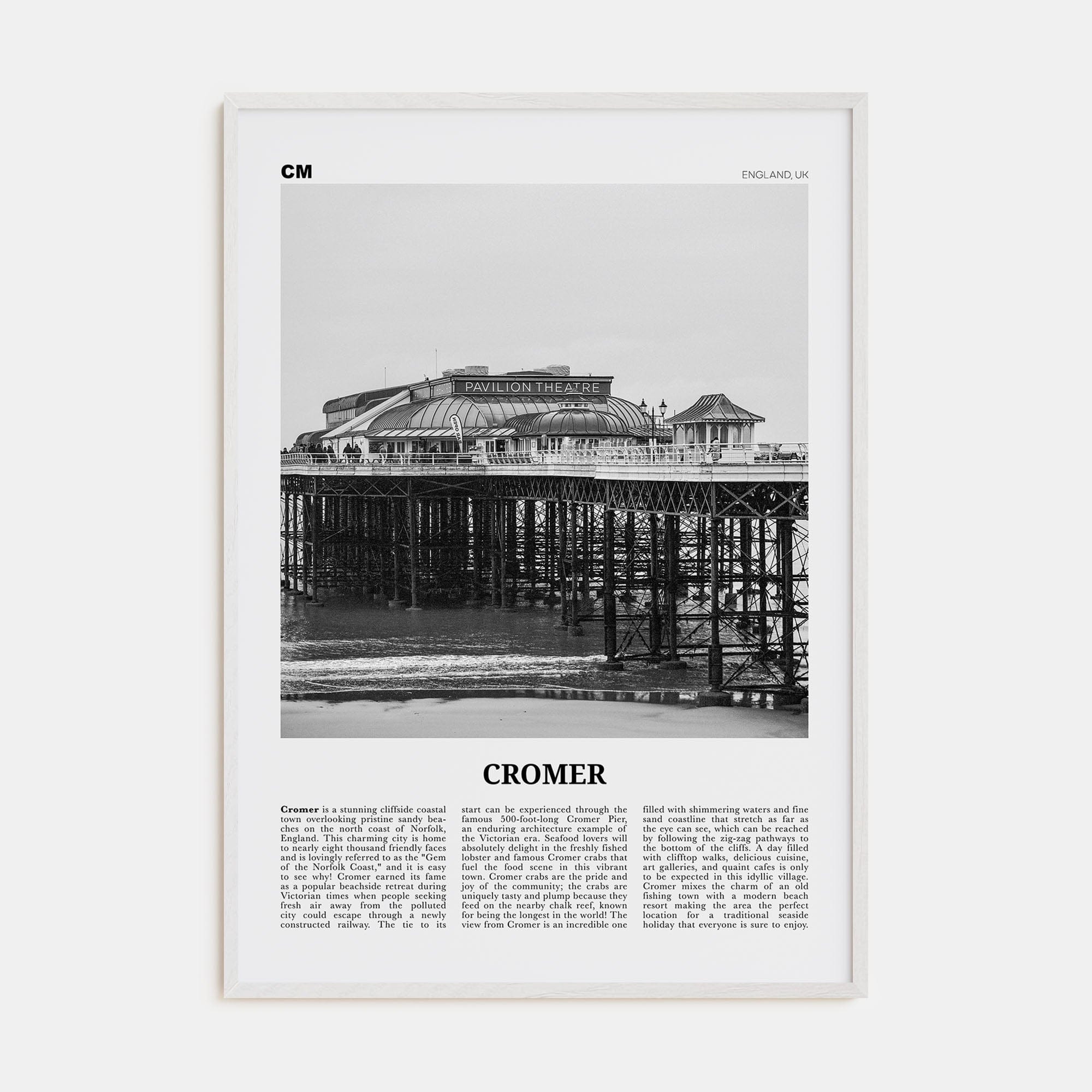 Cromer Poster White Wood / 8x12 in Nbourhood Travel B&W Poster