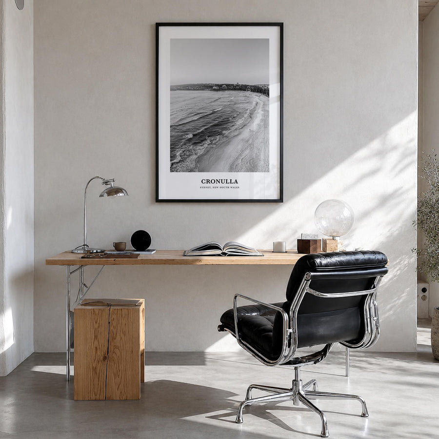 Cronulla black & white classic poster of Australia – vertical wall art in black wood frame, hanging on wall