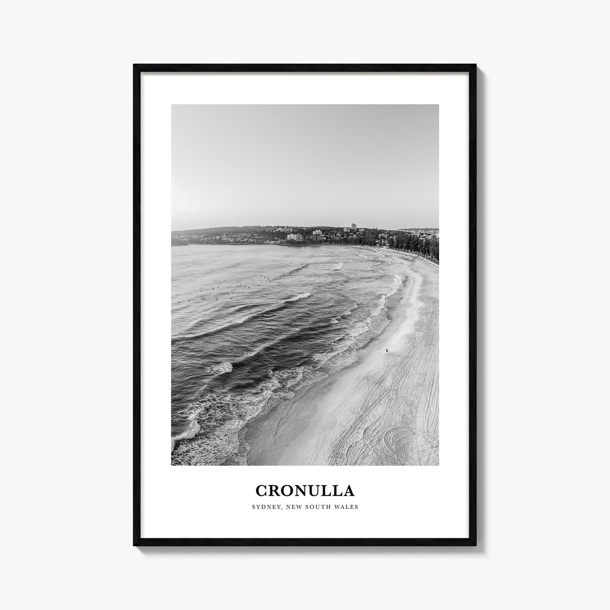Cronulla black & white classic poster of Australia – vertical wall art, unframed print shown in interior mockup
