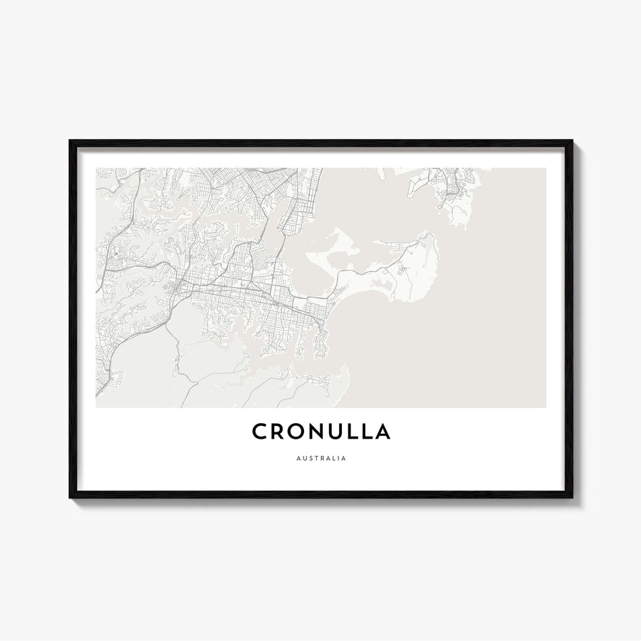 Cronulla black & white map poster of Australia – horizontal wall art, unframed print shown in interior mockup