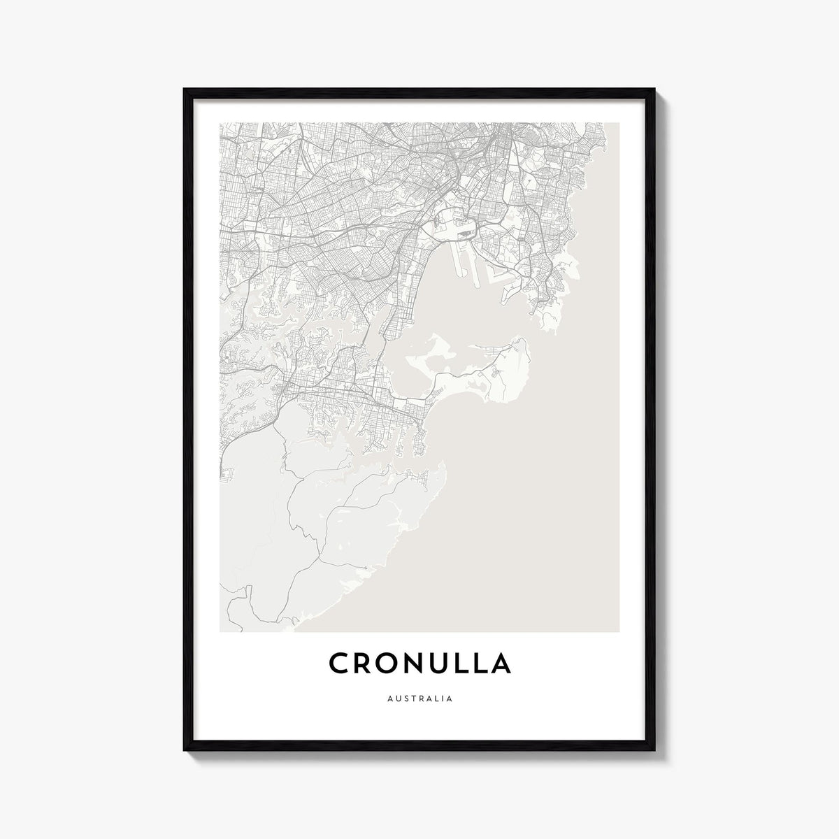 Cronulla black & white map poster of Australia – vertical wall art, unframed print shown in interior mockup