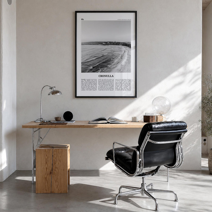 Cronulla black & white newspaper poster of Australia – vertical wall art in black wood frame, hanging on wall