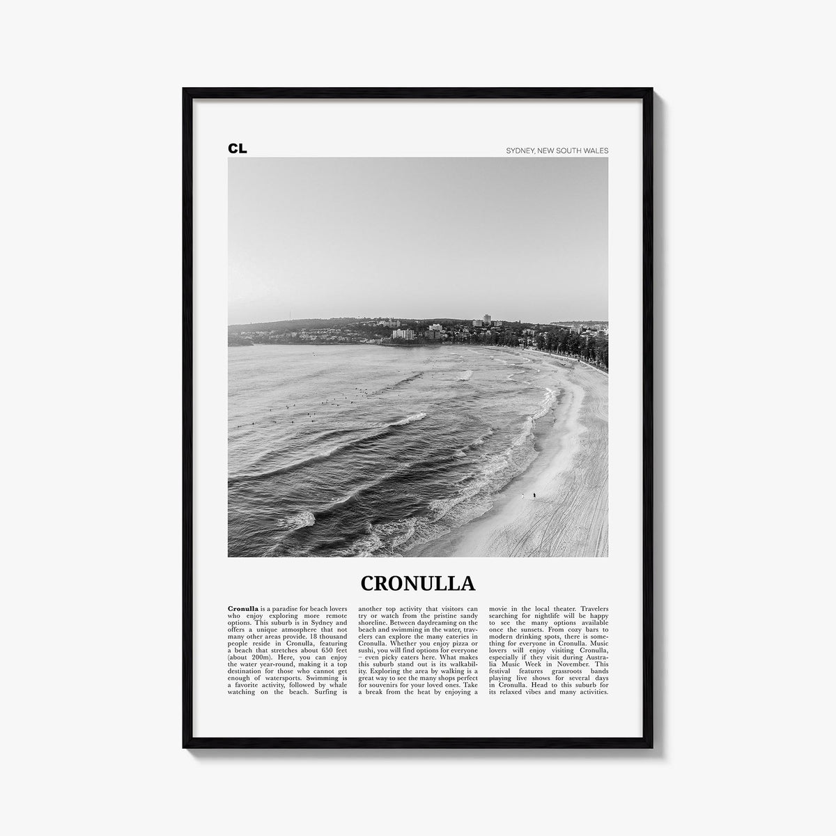Cronulla black & white newspaper poster of Australia – vertical wall art, unframed print shown in interior mockup