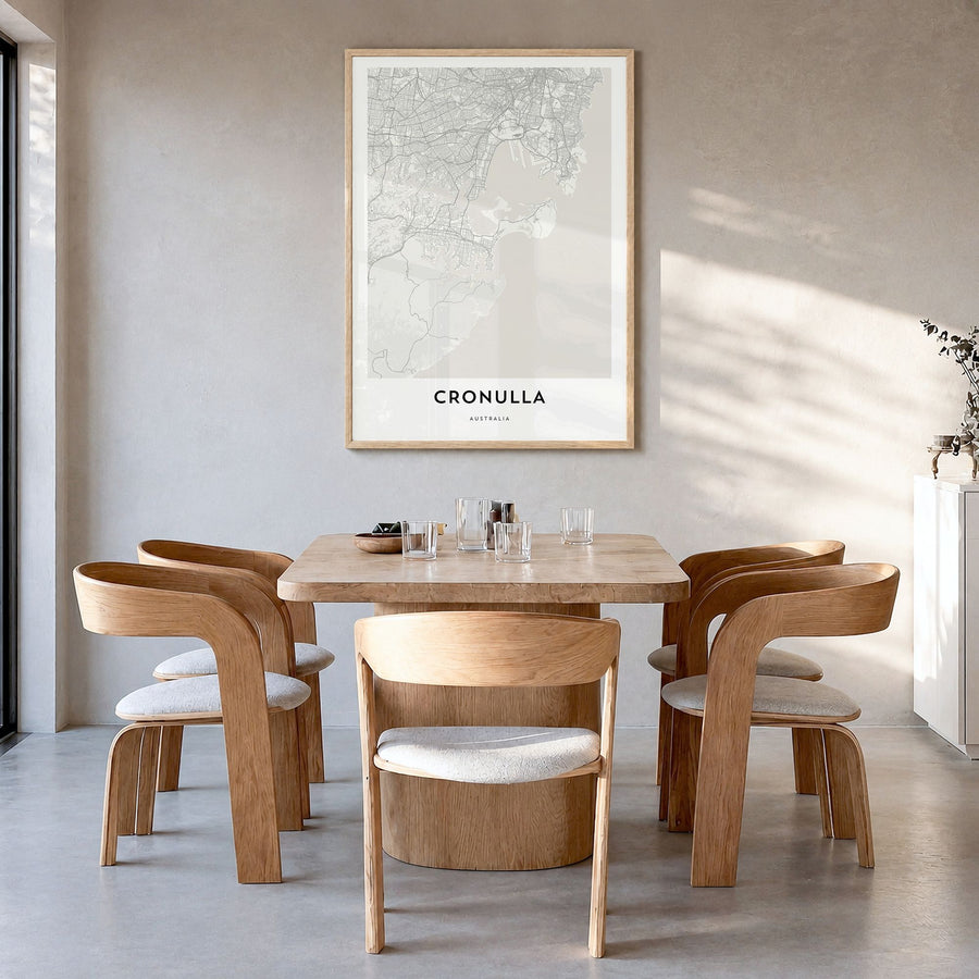 Cronulla Map Poster in a natural wood frame, hanging in a dining room