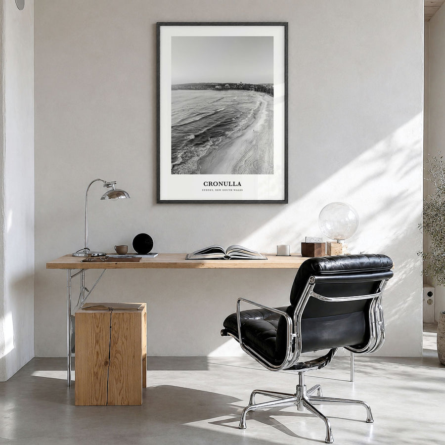 Cronulla Classic Poster in a black wood frame, hanging in a bright home office