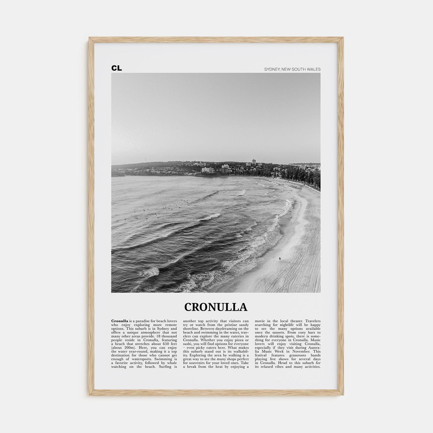 Cronulla Poster Natural Wood / 8x12 in Nbourhood Travel B&W Poster