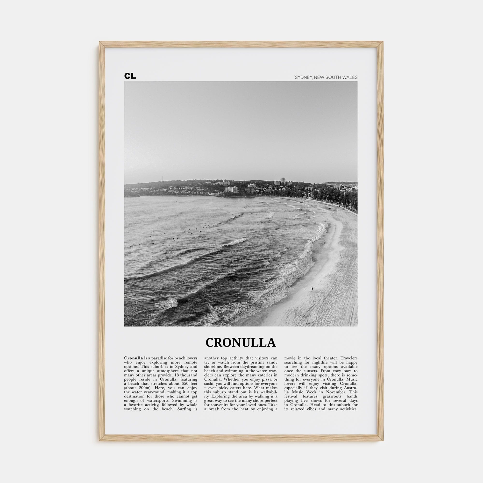 Cronulla Poster Natural Wood / 8x12 in Nbourhood Travel B&W Poster