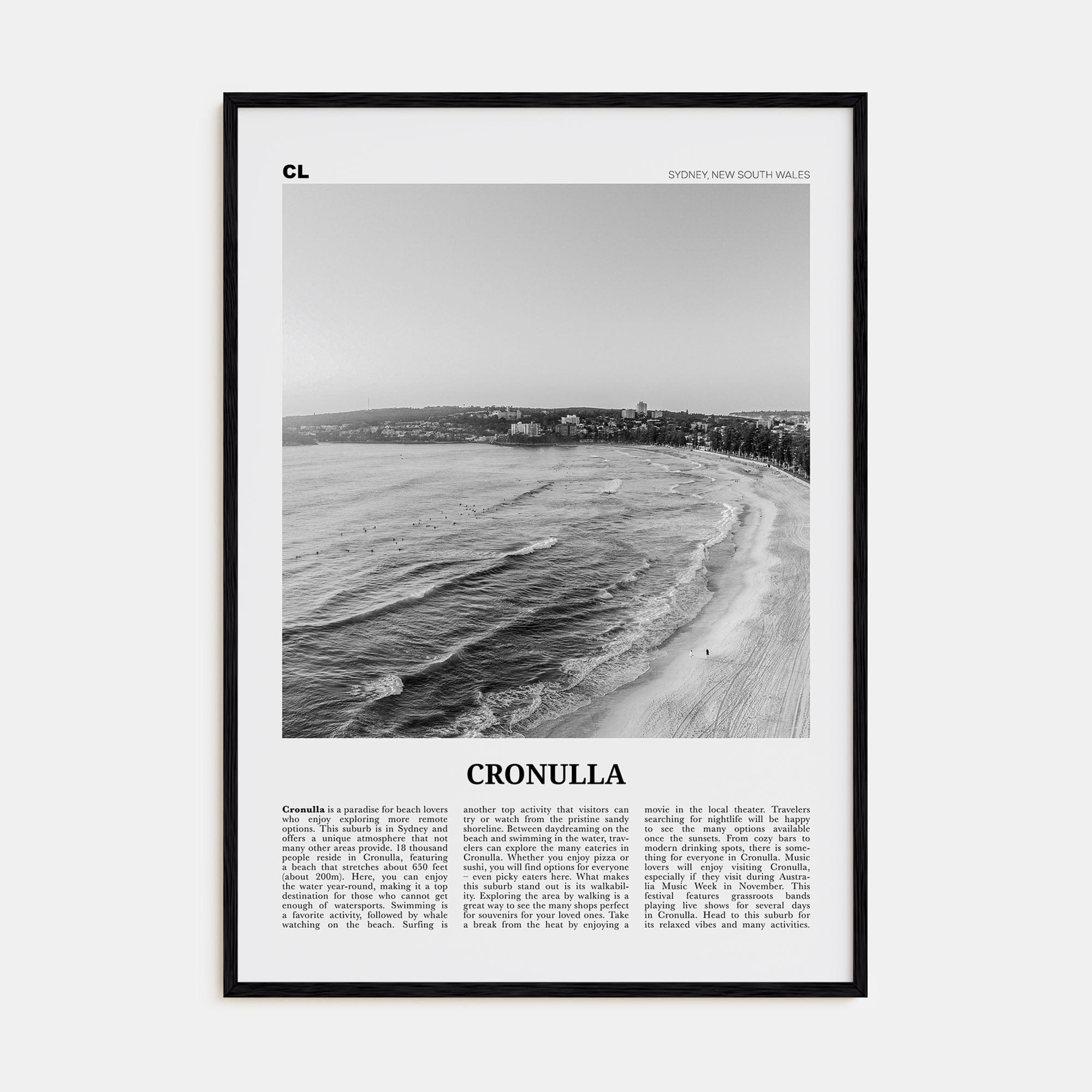 Cronulla Poster Black Wood / 8x12 in Nbourhood Travel B&W Poster