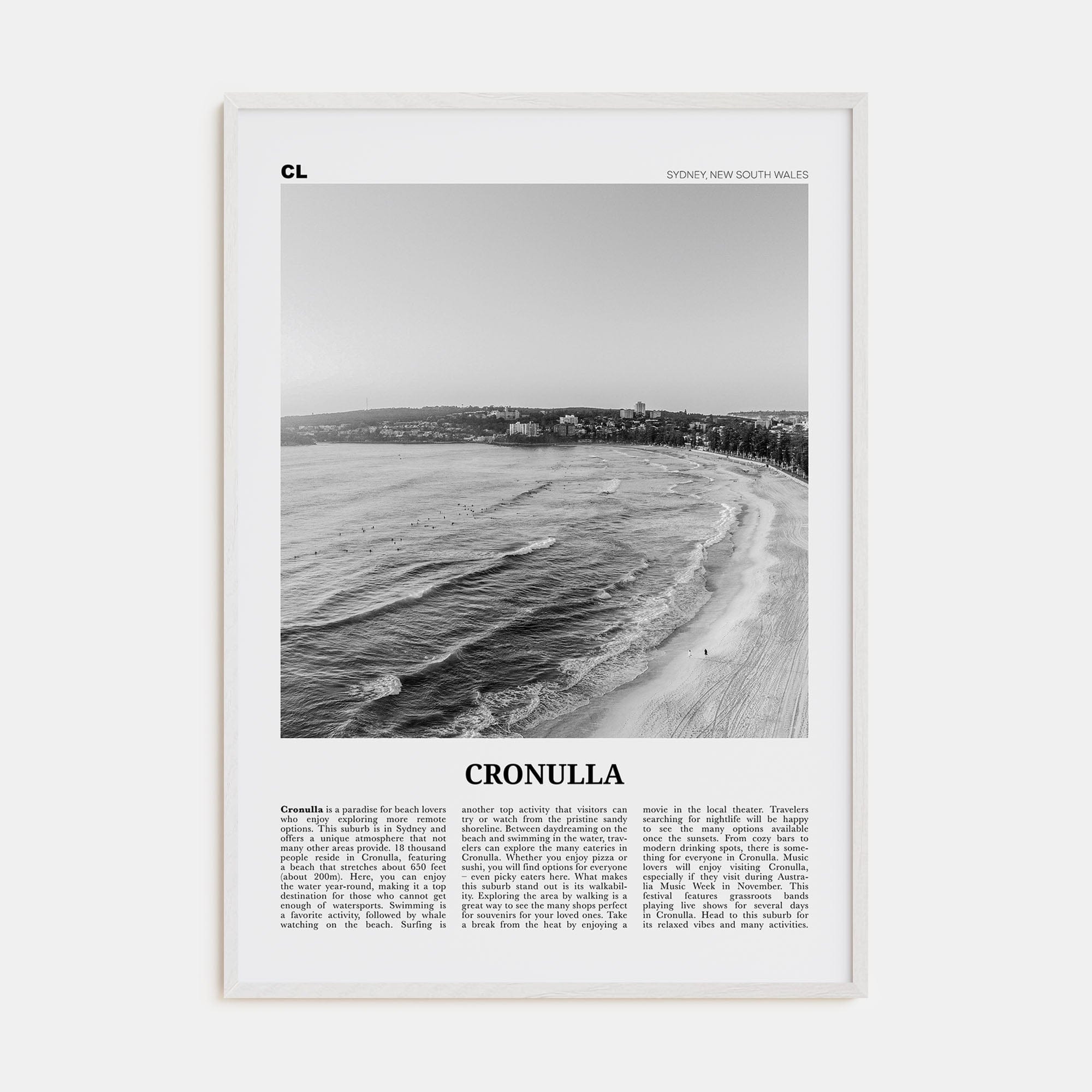 Cronulla Poster White Wood / 8x12 in Nbourhood Travel B&W Poster