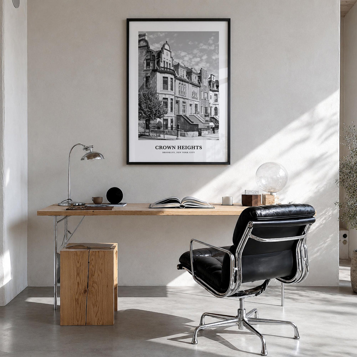 Crown Heights black & white classic poster of Brooklyn, New York City – vertical wall art in black wood frame, hanging on wal