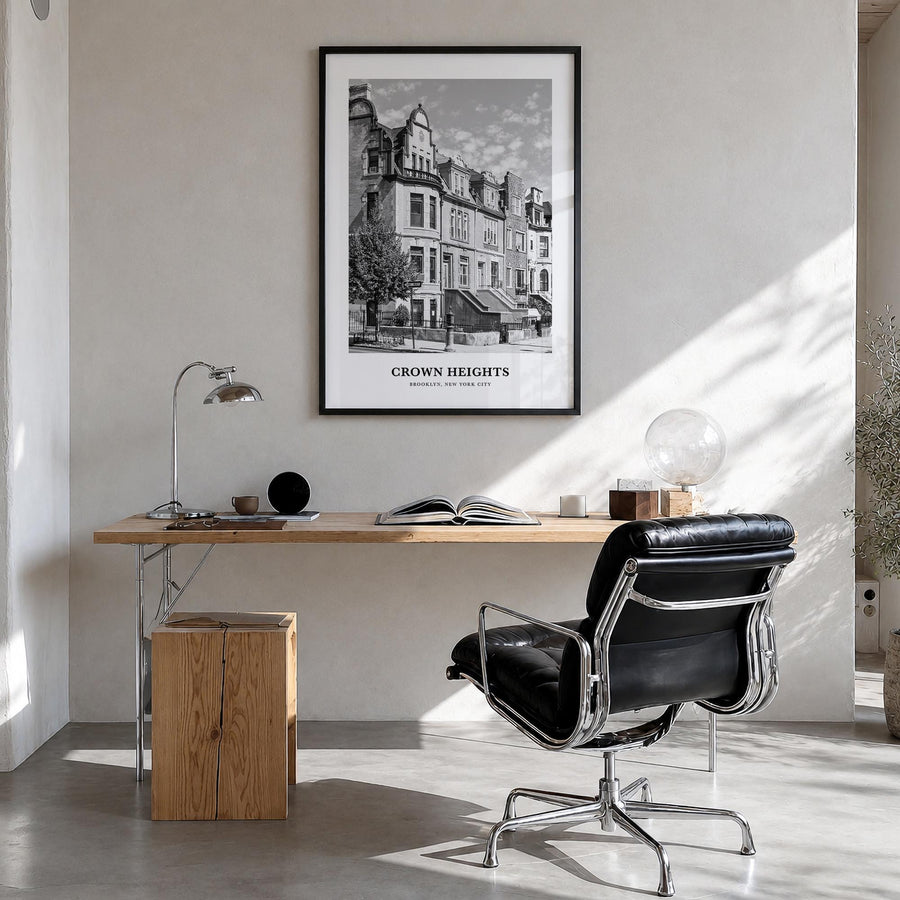 Crown Heights black & white classic poster of Brooklyn, New York City – vertical wall art in black wood frame, hanging on wal